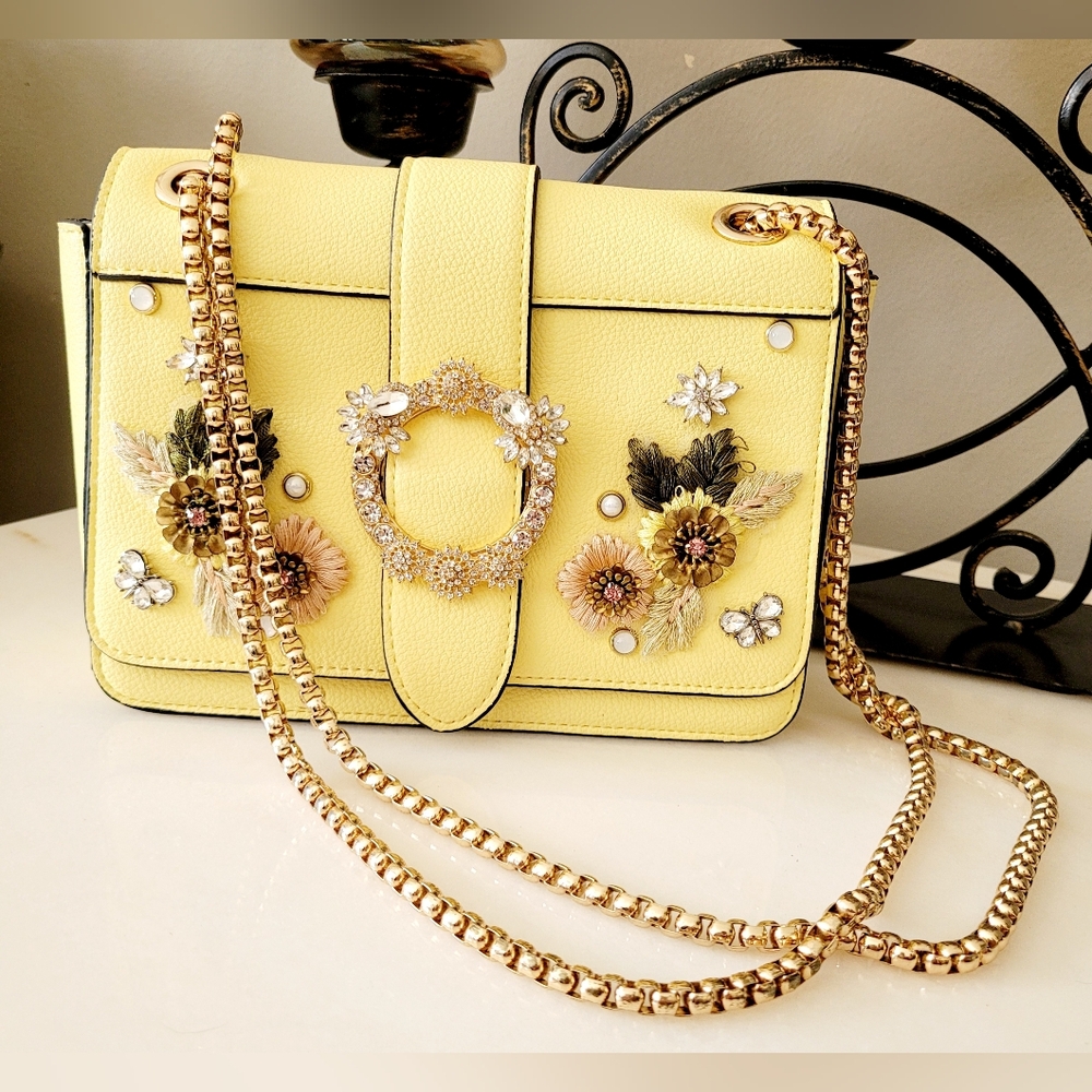 Dune London Jewel Embellishment Yellow Floral Gold Chain Crossbody Bag $189